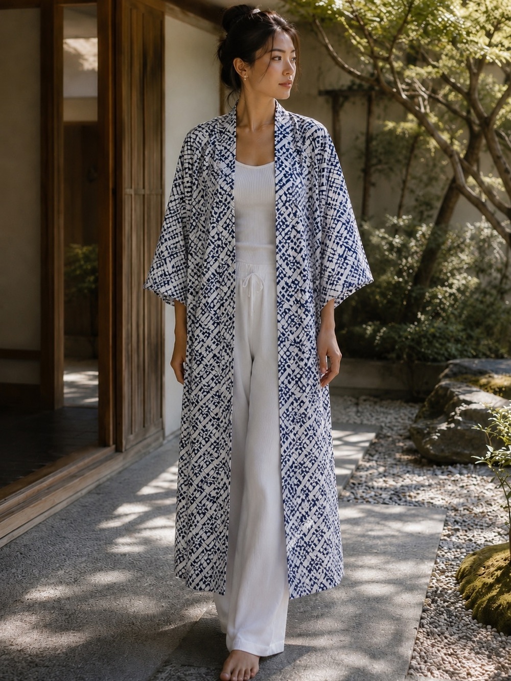 Japanese Yukata Kimono Robe Navy White Geometric Cotton 145cm Lounge Cozy